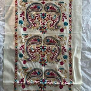 Ivory Cashmere Scarf, pink, blue and gold embroidery w/3” fringe. 28” w x 72” l